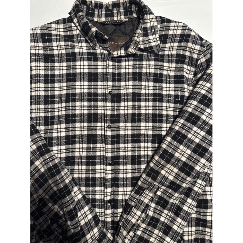 Zara Man Black White Plaid Quilted Lined Flannel Shirt Jacket Men's Large